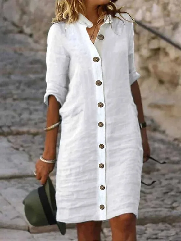 Evening Elegance CityHottie - Women's Shirt Dress Casual Dress Cotton Linen Dress Midi Dress Cotton Blend Fashion Basic Outdoor Daily Shirt Collar Button Half Sleeve Summer Spring Fall 2024 Regular Fit Black White Green Plain S M Elegant Ensemble