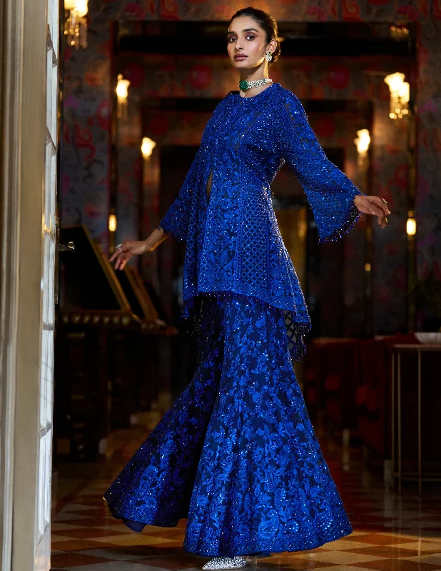 High-End Style Discounts Fiori Navy Blue Thread Work Sharara Set Classic Appeal