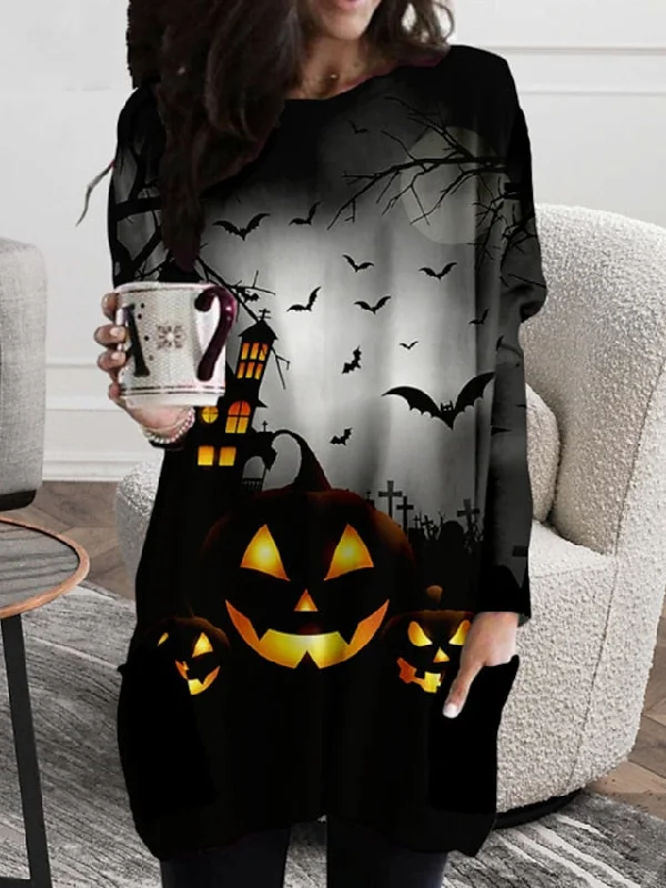 Glamorous Fashion Offers CityHottie - Women‘s Halloween Dress Casual Dress T Shirt Dress Tee Dress Shift Dress Mini Dress Black Long Sleeve Pumpkin Print Fall Winter Autumn Crew Neck Stylish Loose Fit 2024 XXS XS S M L XL 2XL 3XL 4XL 5XL Charming Silhouette