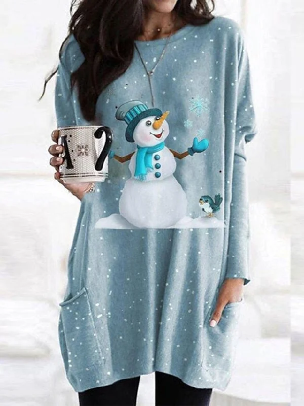 Fashion Sale CityHottie - Women's Christmas Casual Dress T Shirt Dress Tee Dress Shift Dress Mini Dress Blue Long Sleeve Snowman Pocket Winter Fall Autumn Crew Neck Fashion Daily Date Loose Fit XS S M L XL XXL 3XL 4XL 5XL Vintage Elegance