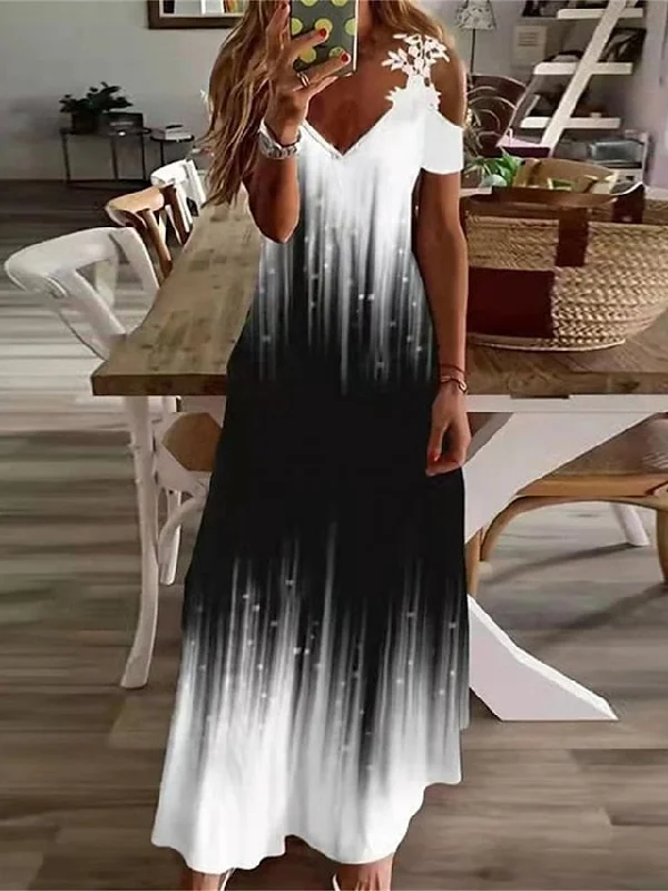 Affordable Luxury Fashion CityHottie - Women's Long Dress Maxi Dress Casual Dress A Line Dress Floral Dress Floral Print Ombre Fashion Casual Outdoor Daily Holiday Cut Out Print Short Sleeve V Neck Dress Regular Fit Light Yellow Black Refined Simplicity